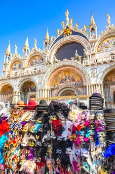 Basilica of Saint Mark and carnival stand in Venice view, tourist destination in Italy