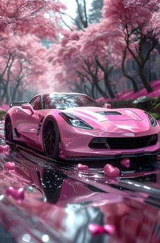 A pink vehicle with shining automotive lighting is cruising through a cherry blossom forest, its pink automotive tires blending in with the pink blooms on the trees