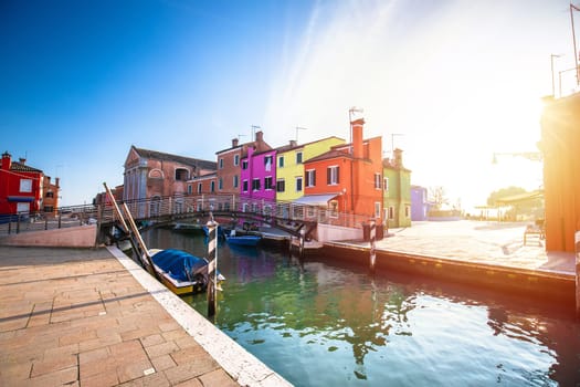 Island of Burano colorful houses and channel sunset view, archiprelago of Venice, Italy