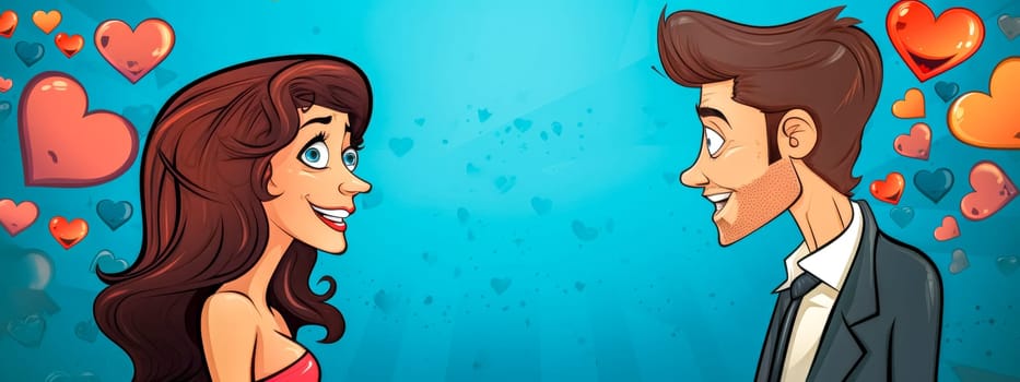 Illustration of a smiling cartoon man and woman with floating hearts on a blue background