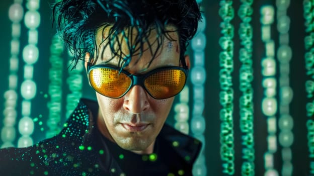 Close-up of a man with digital data reflected in his orange high-tech sunglasses