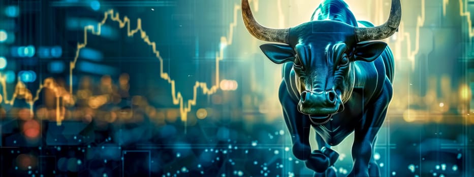 Digital composite of a bold bull over a bustling cityscape with stock market charts