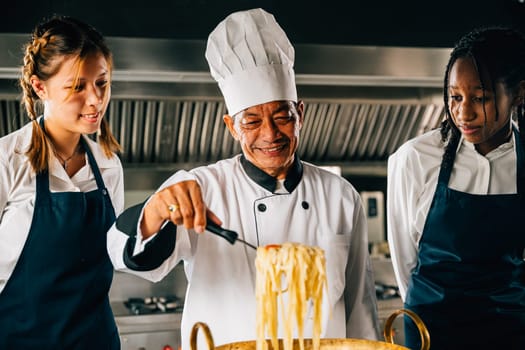 In kitchen chef teaches students. Schoolgirls in uniform make ramen soup. Kids at stove with teacher. Smiling portrait of learning is modern education. Making dinner with ladle is joyful.