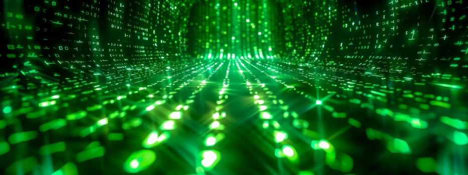 Abstract image of glowing green binary code representing data flowing in virtual space