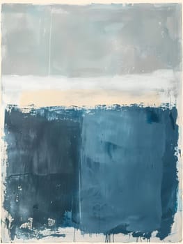 A landscape painting in shades of blue and white, framed by a white border. The fluidity of water is captured in this art piece, creating a calming and serene atmosphere