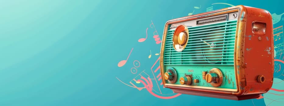Retro orange radio with musical notes over a teal backdrop
