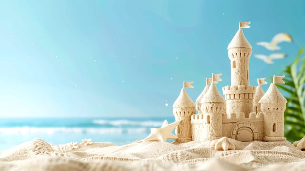 Intricate sandcastle on a beach with blue sky, ocean backdrop, and flying seagulls