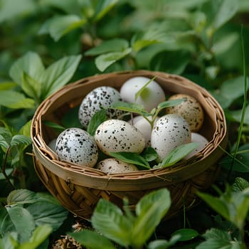 A bowl full of quail eggs sits nestled in the grass, reminiscent of a bird nest. The natural foods and ingredients create a picturesque scene