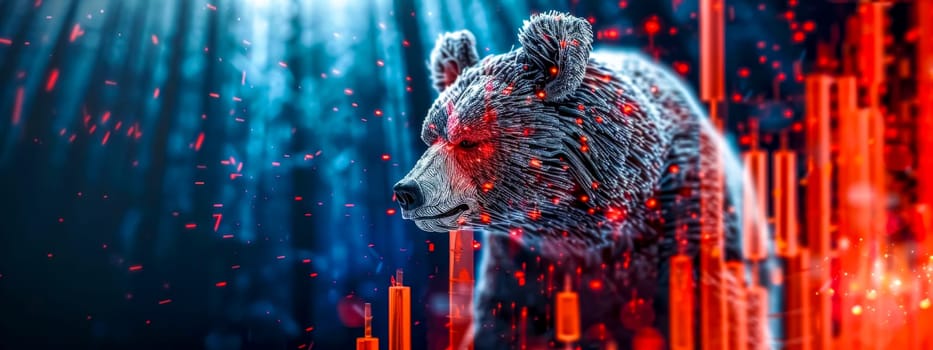 Vivid depiction of a bear hologram symbolizing a bear market trend amidst futuristic financial data