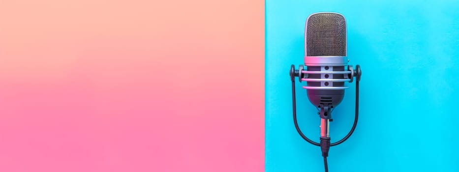 Vintage microphone on a dual-tone pastel background, ideal for podcasts or music themes