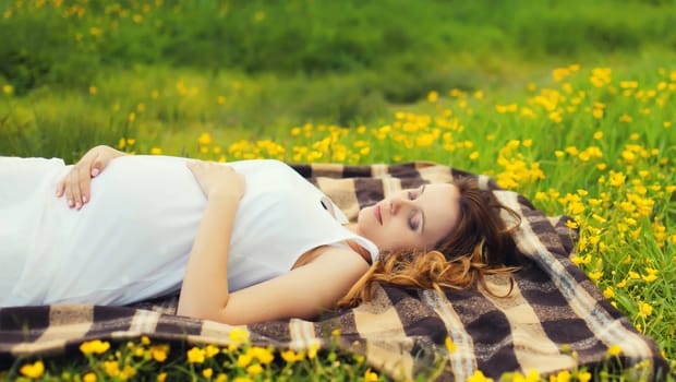 Happy relaxing young pregnant woman resting lying on the grass in summer park