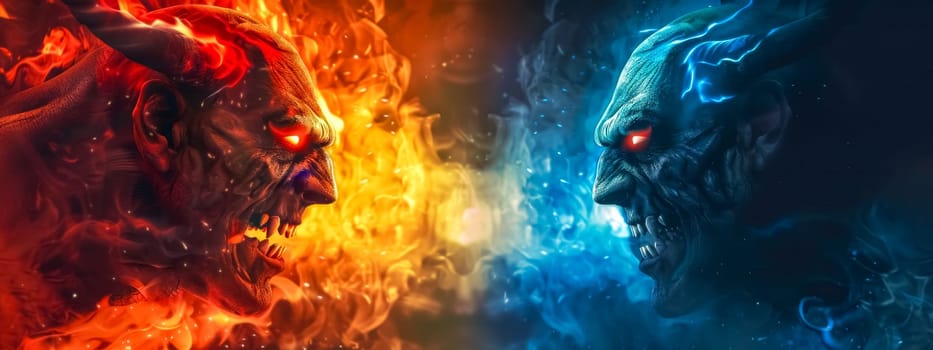 Artistic depiction of two mythical demons embodying fire and ice, locked in intense confrontation