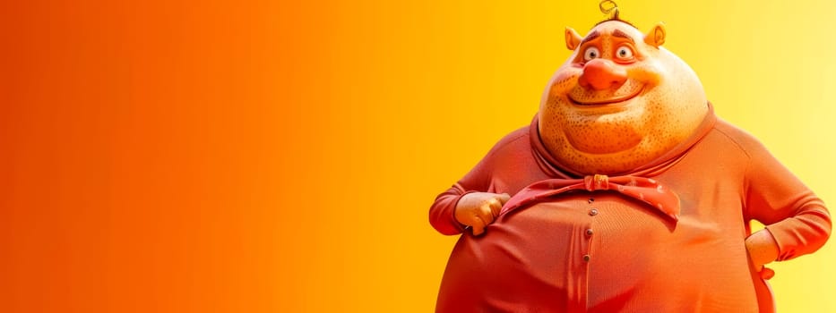 Friendly, plump animated character posing with a grin on a vibrant orange backdrop