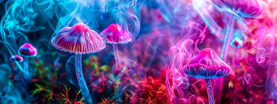 Explore the enchanting and surreal neon mushroom wonderland with illuminated fungi, vibrant colors, and a twisted atmosphere in this panoramic view of a magical forest