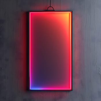 A rectangular red neon sign hangs on a wooden wall, emitting a vibrant electric blue and magenta light. The sign features symmetrical patterns and bold font, powered by gas fixtures