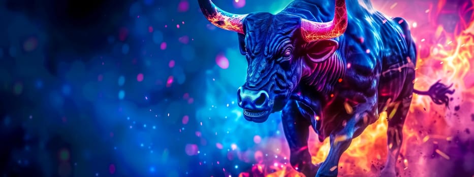 A digital art piece featuring a bull with glowing horns amidst blue and red neon lights