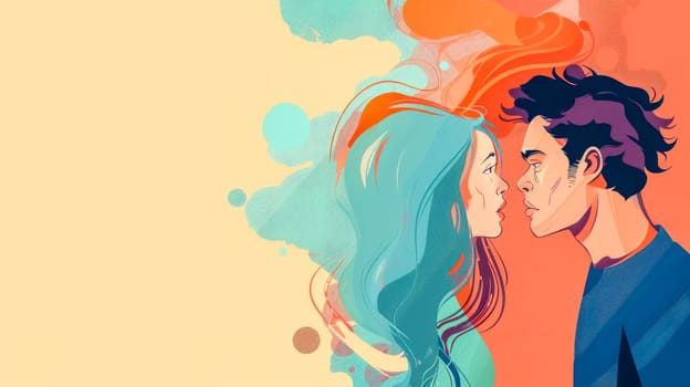 Illustration of a young couple close to a kiss, surrounded by vibrant colors