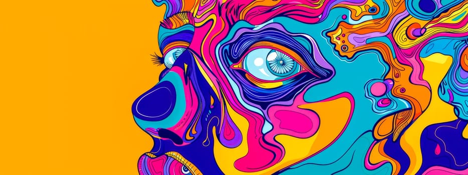 Vibrant abstract illustration featuring a striking human eye amidst psychedelic patterns