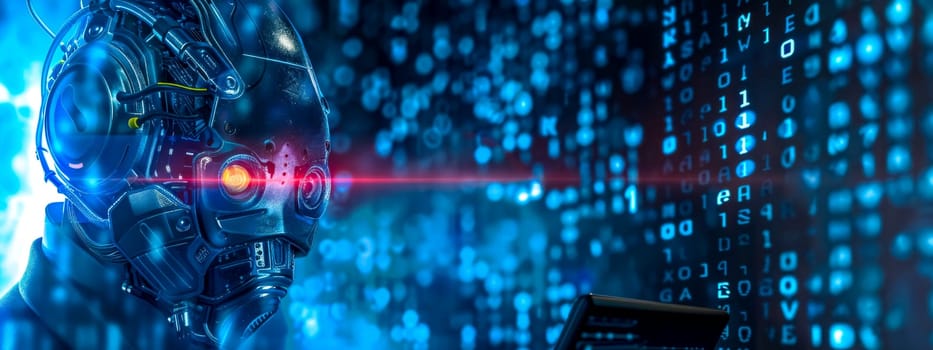 Digital art concept of a cyborg with a red eye scanning through binary code