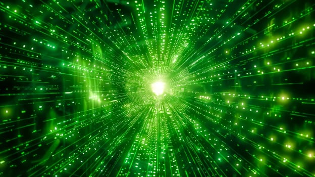 Hyperspace tunnel of light with green digital illustration and abstract speed. Futuristic science fiction technology. Motion. Energy. And bright fast travel in warp space universe. Glow particles
