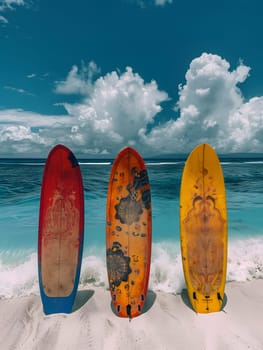 Three surfboards made of wood are placed in a row on the sandy beach, overlooking the ocean. The landscape is painted in varying tints and shades, with the horizon blending into the sky and clouds