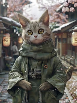 A Felidae in military camouflage kimono stands on the sidewalk, showcasing its carnivore instinct. Its small size and whiskers add to the fierce gesture