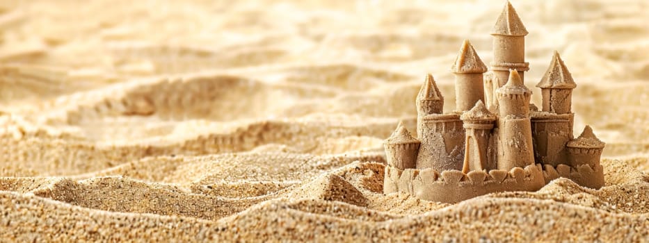 Detailed sand castle with turrets and towers set against a golden sandy beach backdrop
