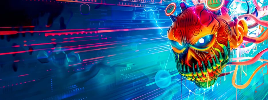 A vibrant digital artwork of a cyber dragon roaring amidst a neon data stream