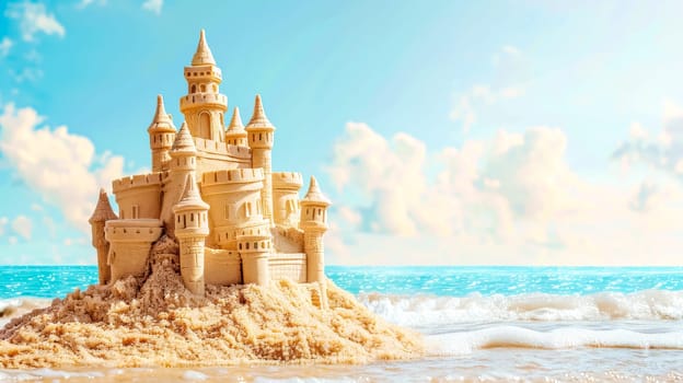 Intricately detailed sand castle shines under a bright sun with the ocean in the backdrop