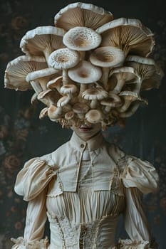 The woman is wearing a sculpture of mushrooms on her head, resembling a classical statue. The hat is made of wood and artfully crafted to resemble agaricaceae and bolete edible mushrooms