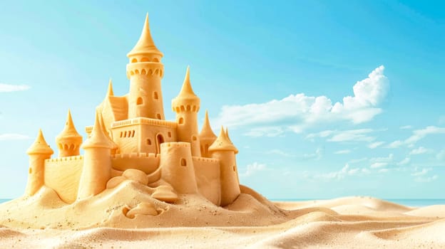 Intricate sandcastle with towers against a clear blue sky on a sandy beach