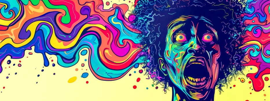 Colorful, surreal illustration of a person against a vivid psychedelic swirl