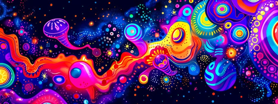 Vibrant and abstract psychedelic space journey illustration with cosmic and fantasy elements. Featuring swirling patterns. Neon colors. And futuristic design
