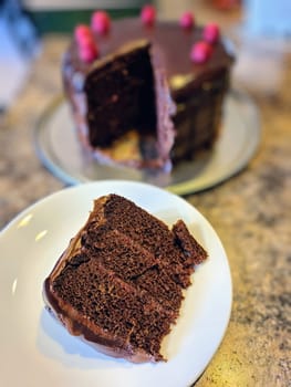 Indulgent homemade chocolate cake slice on a white plate, with a partially eaten cake in a warm kitchen setting, Fort Wayne, Indiana, 2023.