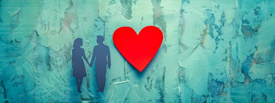 Silhouetted couple holding hands with a vibrant red heart on a grungy blue backdrop