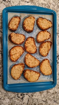 Freshly Baked Toasted Bread on Blue Tray, Home Cooking in Indiana, 2021