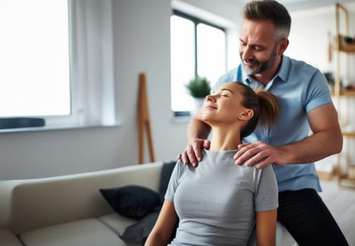 A chiropractor performs a neck adjustment and massage on a woman, providing relief and promoting relaxation and wellness