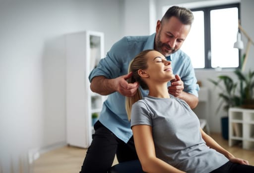 A chiropractor performs a neck adjustment and massage on a woman, providing relief and promoting relaxation and wellness