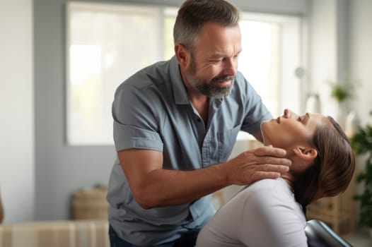 A chiropractor performs a neck adjustment and massage on a woman, providing relief and promoting relaxation and wellness