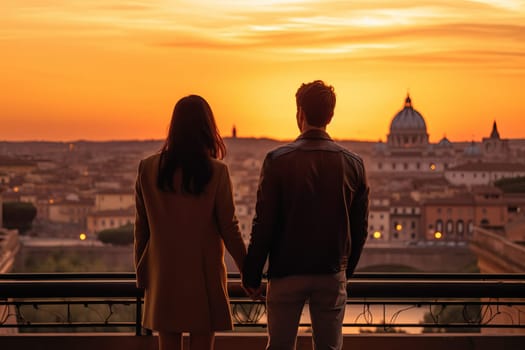 Couple rome sunset meet. Tourism together. Generate Ai