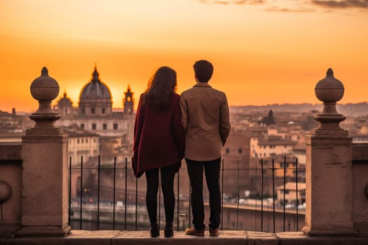 Couple rome sunset fun. Tourist friends. Generate Ai