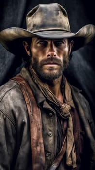 Cowboy banner portrait. Rodeo bandit. Fictional person. Generate Ai