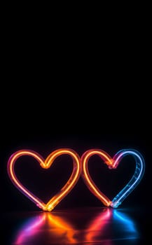 Crossed neon hearts vertical banner. Glow day. Generate Ai