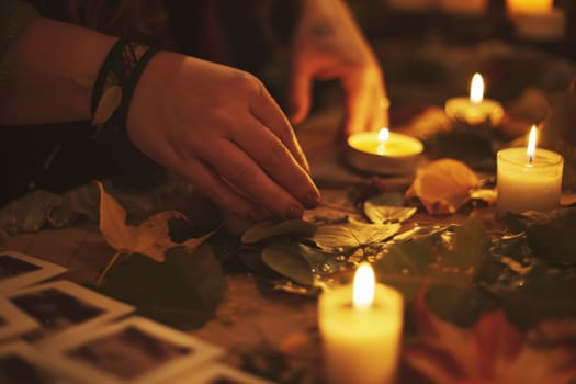 A person's hands carefully light tea candles amidst a tranquil setting, creating a warm, reflective atmosphere. The soft glow of numerous candles casts a serene light on a bouquet of white flowers, symbolizing remembrance and peace.
