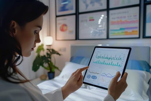 A woman attentively reviews charts on a tablet in her bedroom, her face a picture of focus. The charts' colorful lines reflect on her face, hinting at the deep analysis of her evening work