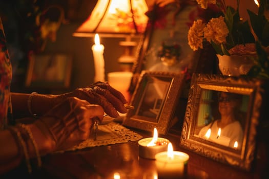A person's hands carefully light tea candles amidst a tranquil setting, creating a warm, reflective atmosphere. The soft glow of numerous candles casts a serene light on a bouquet of white flowers, symbolizing remembrance and peace.