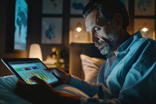 A man examines graphs on a tablet in a dimly lit room, concentration etched on his face. The glow of the screen illuminates his intent gaze, suggesting a late-night work session.