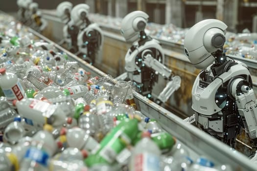 A fleet of orange industrial robots equipped with artificial intelligence sorts through a conveyor belt of recyclable materials. This image illustrates the integration of technology in sustainable waste management
