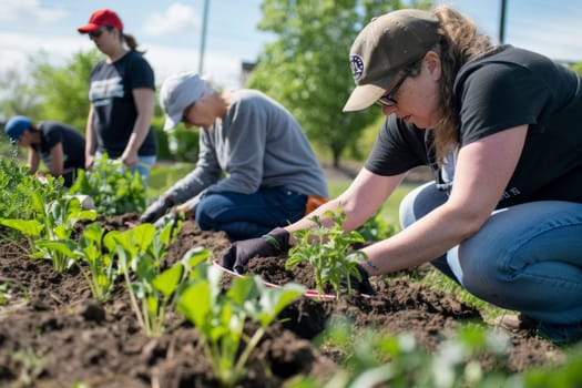 Volunteers work together planting vegetables in a community garden, a collaborative effort for urban greening
