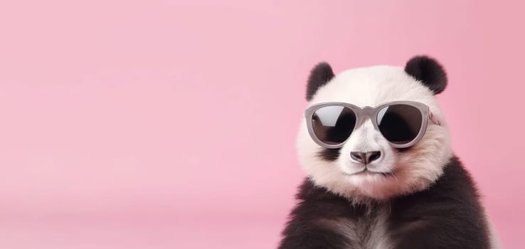 Baby panda sunglasses pink banner. Style face. Generate ai